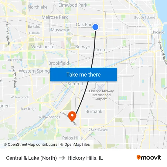 Central & Lake (North) to Hickory Hills, IL map