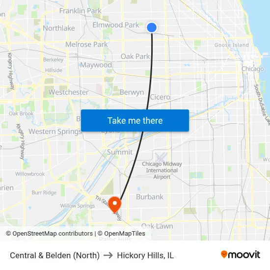 Central & Belden (North) to Hickory Hills, IL map