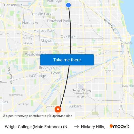 Wright College (Main Entrance) (North) to Hickory Hills, IL map
