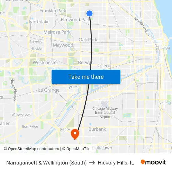Narragansett & Wellington (South) to Hickory Hills, IL map