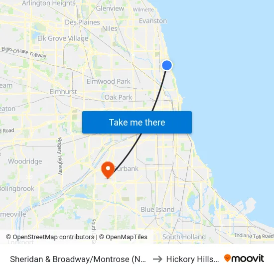 Sheridan & Broadway/Montrose (North) to Hickory Hills, IL map