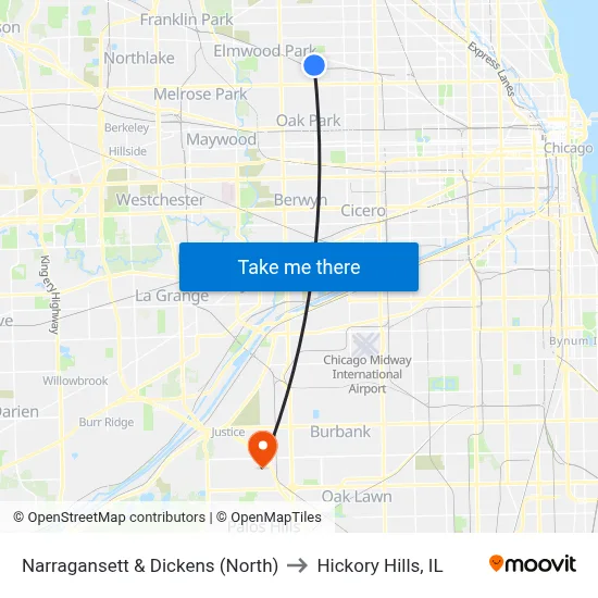 Narragansett & Dickens (North) to Hickory Hills, IL map