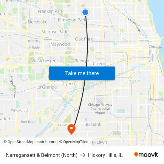 Narragansett & Belmont (North) to Hickory Hills, IL map