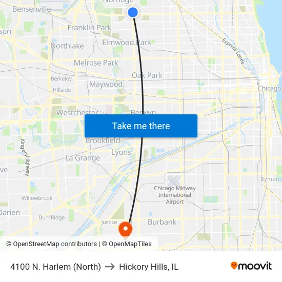 4100 N. Harlem (North) to Hickory Hills, IL map