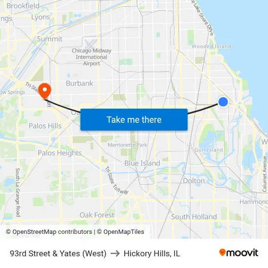 93rd Street & Yates (West) to Hickory Hills, IL map