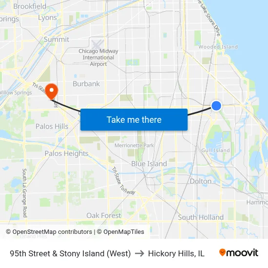95th Street & Stony Island (West) to Hickory Hills, IL map