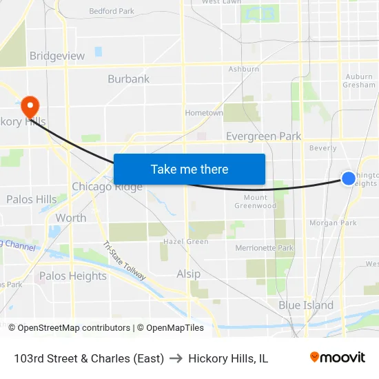 103rd Street & Charles (East) to Hickory Hills, IL map