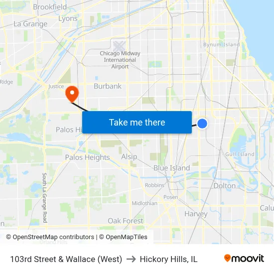 103rd Street & Wallace (West) to Hickory Hills, IL map