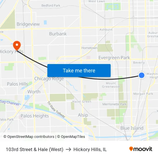 103rd Street & Hale (West) to Hickory Hills, IL map