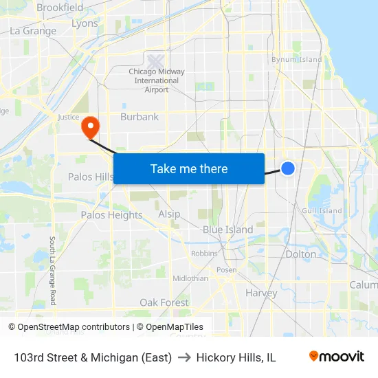 103rd Street & Michigan (East) to Hickory Hills, IL map