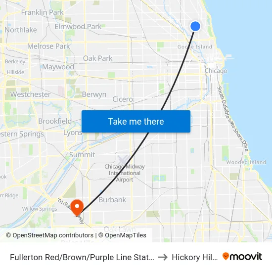 Fullerton Red/Brown/Purple Line Station (West) to Hickory Hills, IL map