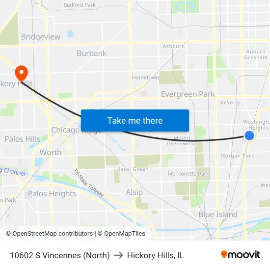 10602 S Vincennes (North) to Hickory Hills, IL map