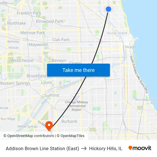 Addison Brown Line Station (East) to Hickory Hills, IL map