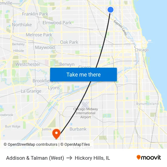 Addison & Talman (West) to Hickory Hills, IL map