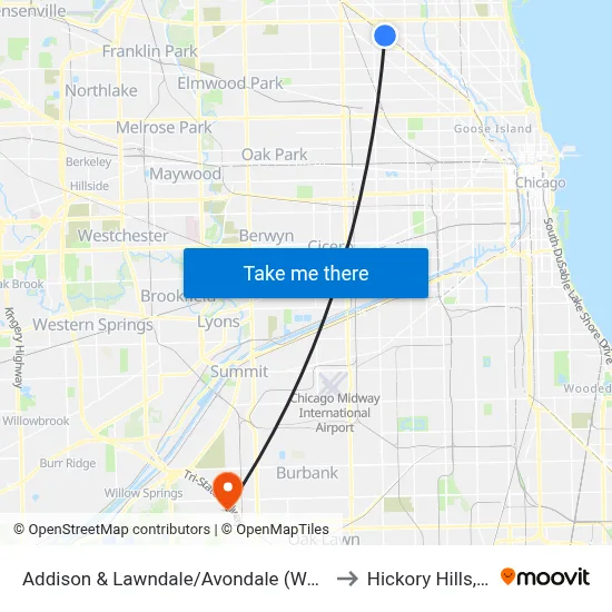 Addison & Lawndale/Avondale (West) to Hickory Hills, IL map