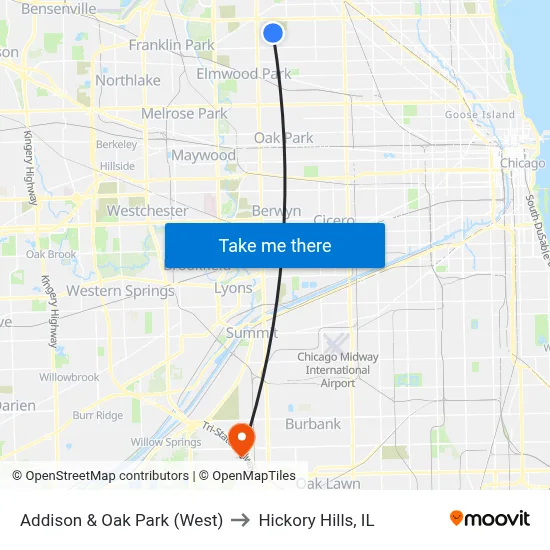 Addison & Oak Park (West) to Hickory Hills, IL map