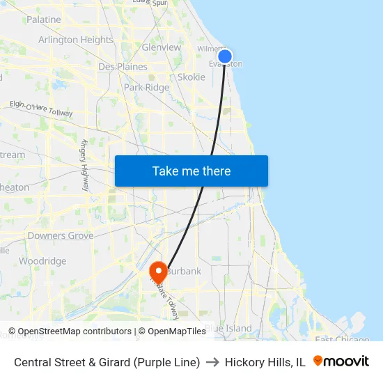 Central Street & Girard (Purple Line) to Hickory Hills, IL map