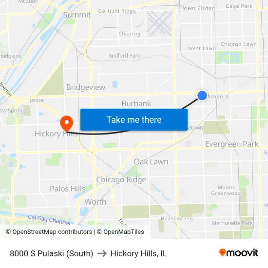 8000 S Pulaski (South) to Hickory Hills, IL map