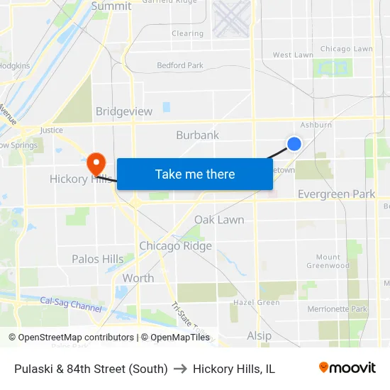 Pulaski & 84th Street (South) to Hickory Hills, IL map