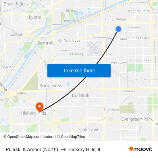 Pulaski & Archer (North) to Hickory Hills, IL map