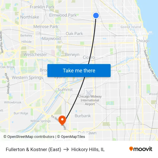 Fullerton & Kostner (East) to Hickory Hills, IL map