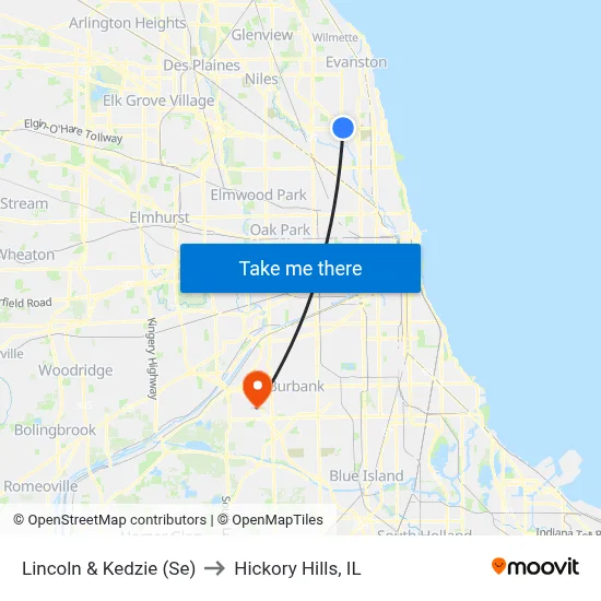 Lincoln & Kedzie (Se) to Hickory Hills, IL map