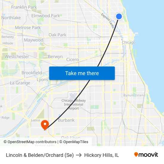 Lincoln & Belden/Orchard (Se) to Hickory Hills, IL map