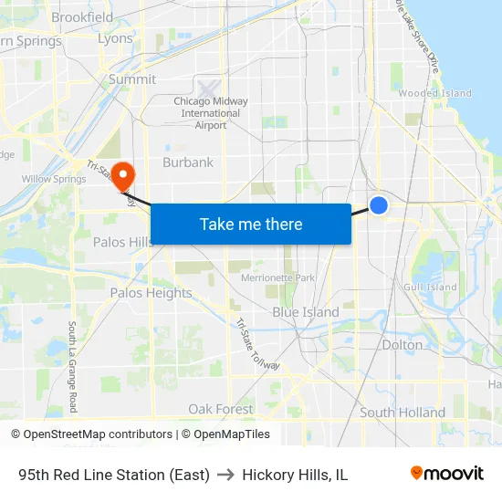 95th Red Line Station (East) to Hickory Hills, IL map