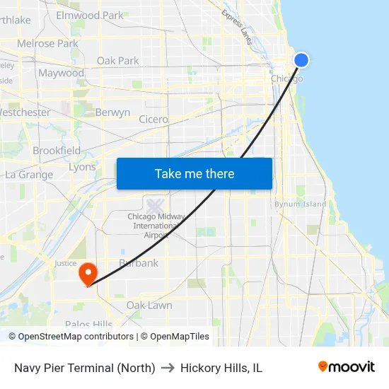 Navy Pier Terminal (North) to Hickory Hills, IL map