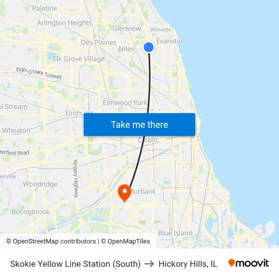 Skokie Yellow Line Station (South) to Hickory Hills, IL map