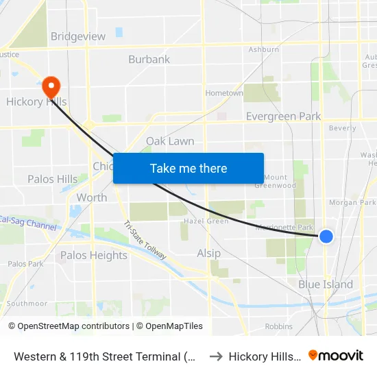 Western & 119th Street Terminal (West) to Hickory Hills, IL map