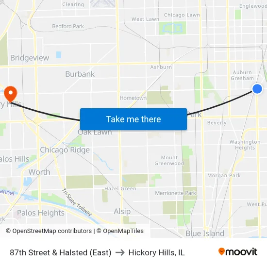 87th Street & Halsted (East) to Hickory Hills, IL map