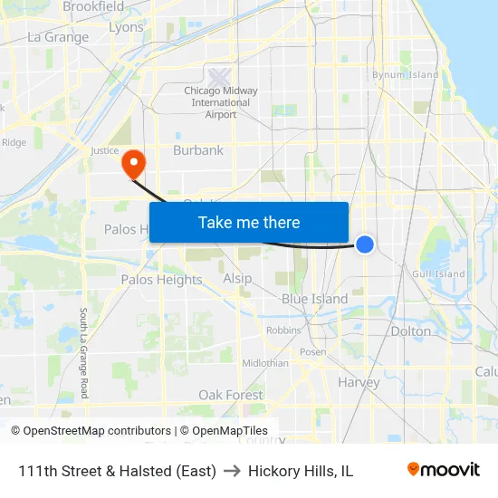 111th Street & Halsted (East) to Hickory Hills, IL map