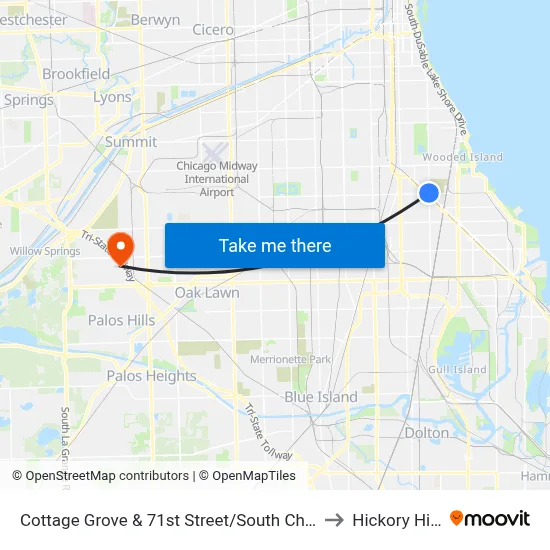 Cottage Grove & 71st Street/South Chicago (North) to Hickory Hills, IL map
