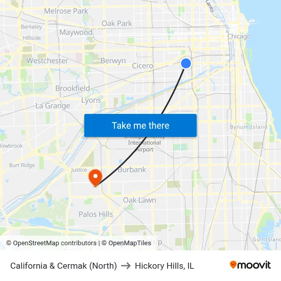 California & Cermak (North) to Hickory Hills, IL map