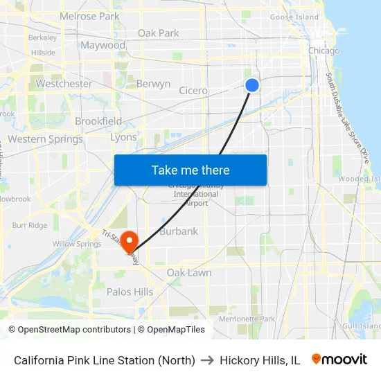 California Pink Line Station (North) to Hickory Hills, IL map
