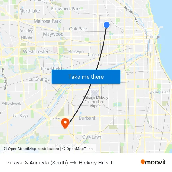 Pulaski & Augusta (South) to Hickory Hills, IL map