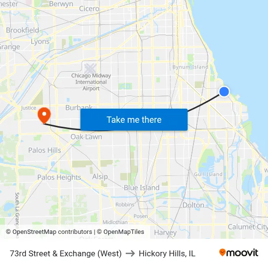 73rd Street & Exchange (West) to Hickory Hills, IL map