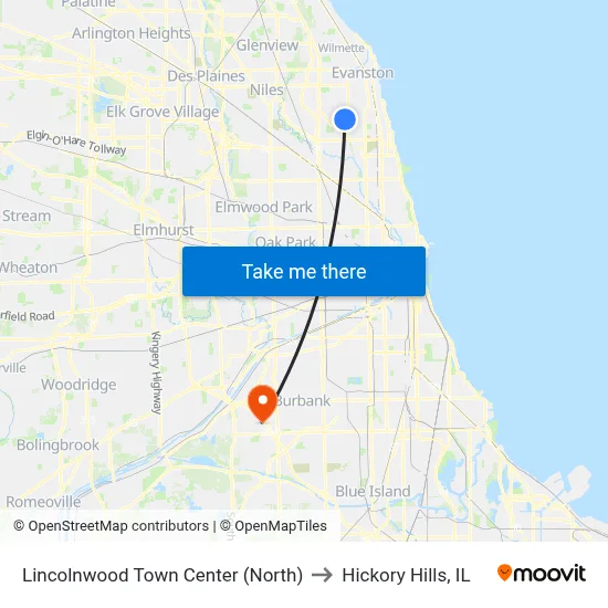Lincolnwood Town Center (North) to Hickory Hills, IL map