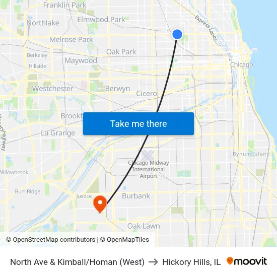 North Ave & Kimball/Homan (West) to Hickory Hills, IL map