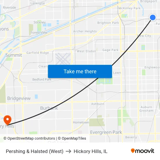 Pershing & Halsted (West) to Hickory Hills, IL map