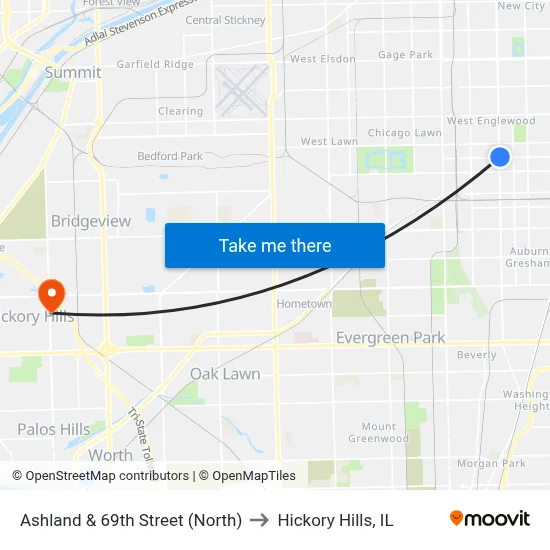 Ashland & 69th Street (North) to Hickory Hills, IL map