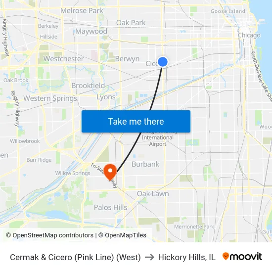 Cermak & Cicero (Pink Line) (West) to Hickory Hills, IL map