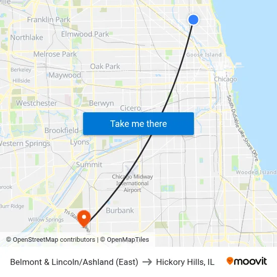 Belmont & Lincoln/Ashland (East) to Hickory Hills, IL map