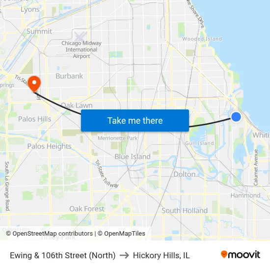 Ewing & 106th Street (North) to Hickory Hills, IL map