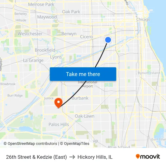 26th Street & Kedzie (East) to Hickory Hills, IL map