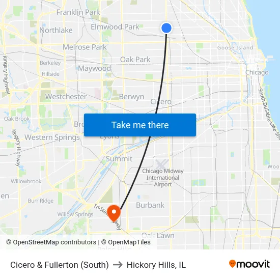 Cicero & Fullerton (South) to Hickory Hills, IL map