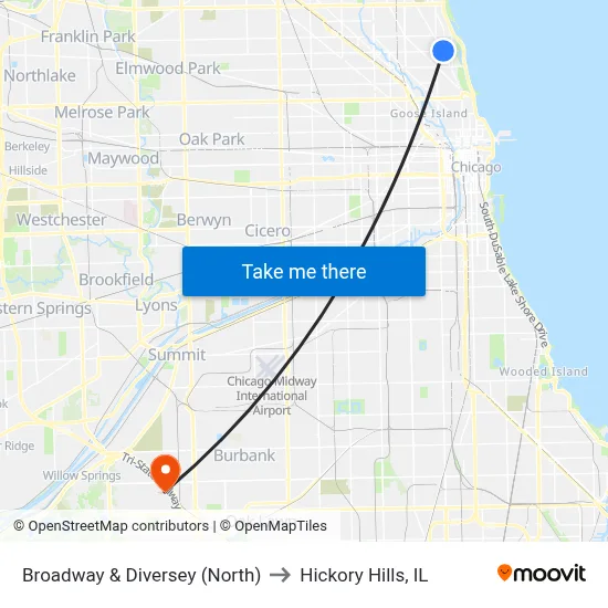 Broadway & Diversey (North) to Hickory Hills, IL map