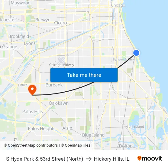 S Hyde Park & 53rd Street (North) to Hickory Hills, IL map