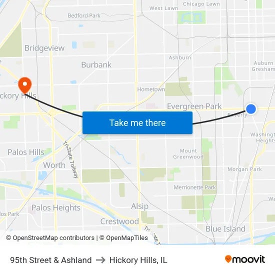 95th Street & Ashland to Hickory Hills, IL map